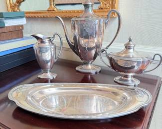 Community Plate Grosvenor Teapot, sugar, creamer and oval tray
