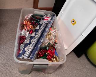 Gift Wrap Lot H large rectangular tote of new Christmas wrapping paper and large selection of bows