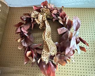 Wreath #24 large brown leaf with cheetah bow 22"