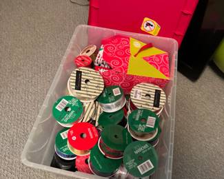 Gift Wrap Lot D large tote of spooled Christmas ribbon and small gift card boxes
