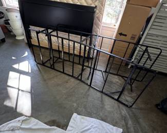 Queen size black headboard with minor wear, and two-piece queen frame (mattress not included)