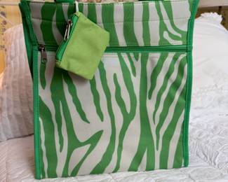 Green and tan small tote bag with change purse 12"H
