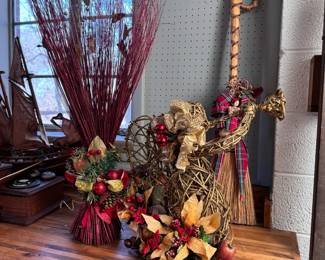 Box Lot 31 Large gold-covered vine angel, long red twigs and broom 34"H with band of holiday ribbons and flowers