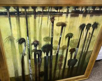 
OBJECT: Painting
ARTIST: David Solis (Panama/ France b.1953- )
TITLE: Festival de los Cocoteros DATE: 2001
MEDIUM: oil on canvas SIGNATURE: at verso or back: signed, dated, and handwritten "90x90 cm, oleo/tela, stamped Atelier Versailles". At recto or front: lower left "Solis-01" DIMENSIONS: 34.5 X 34.5 inches
FRAME DIMENSIONS: 41 X 41 inches
DESCRIPTION: this is a painting of a tropical forest with palm trees. The painting is done in a simplified style with a muted color palette.The palm trees are tall and thin with long fronds. The background is a light yellow-gold- green color with a darker green at the bottom. The painting is signed by the artist in the lower left corner. It is framed in a wooden gold, modern, stepped frame. CONDITION: excellent ACQUISITION, COST, DATE AND SOURCE: The piece was purchased at Americas Collection, Coral Gables, FL in 2002 as per Silvia from AC, via the interior designer when the spaces were decorated.   Price $1,800