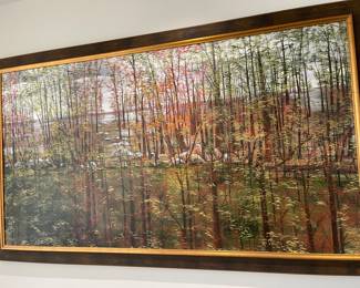 OBJECT: Painting
ARTIST: Josephine Haden (USA/ French b. 1970- )
TITLE: unknown
DATE: circa 2000
MEDIUM: acrylic on canvas SIGNATURE: at recto or front, lower right "Haden" DIMENSIONS: 35.5 x 64 inches FRAME DIMENSIONS: 42 x 73 inches
DESCRIPTION: this painting captures the essence of nature with vivid colors and textures. The painting shows a forest scene with a river in the background, creating a sense of depth and perspective. The trees are tall and thin, with green leaves and orange and rust color foliage that contrast with the blue sky. The river is a light blue color that reflects the sunlight and adds a serene element to the composition. The painting is framed in a dark wood frame with a inner gold trim. Josephine Haden is an American artist who was born in Nashville, Tennessee, and raised in Paris, France. CONDITION: excellent condition.   Price $5000