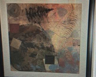 OBJECT: Mixed Media
ARTIST: JUDGE, possibly James
Judge (UK b.1958- )
TITLE: unknown
DATE: circa 2002
MEDIUM: mixed media on paper
SIGNATURE: at recto, "Judge"
DIMENSIONS:
29.5 X 29.5 inches
FRAME DIMENSIONS:
41.5 X 41.5 inches DESCRIPTION: This is an abstract mixed media piece that appears to be a collage of different elements and textures. The background is a textured beige-gold, rust, gray difused colors with a large circular shape in the lower left half. The circular shape is composed of different elements, including stamped spirals and juxtaposed squares. Also, there’s 3 different leave impressions scattered throughout the piece. It is matted and framed with a dark wood, simple, flat frame.
CONDITION: excellent ACQUISITION, COST, DATE AND SOURCE: The piece was purchased from Americas Collection, Coral Gables, FL in 2002 as per Silvia from AC, through the interior designer when the spaces were decorated.   Price $1000