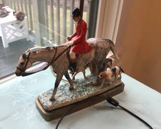 Signed ceramic artisan lamp; fox hunting