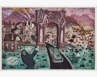 144. Warrington Colescott "Welcome to Watt Park" Etching (1985)