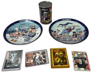 Dallas Cowboys: Troy Aikman 2 Danbury Mint Plates + Pinnacle Can of Trading Cards