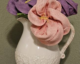 White Porcelain Pitcher w/ Faux Burlap Flowers