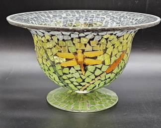 Mosaic Glass Dragonfly Footed Centerpiece Bowl