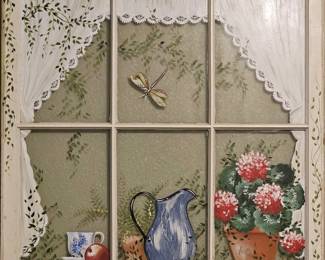 Vintage 6-Pane Window, Country Scene Hand Painted