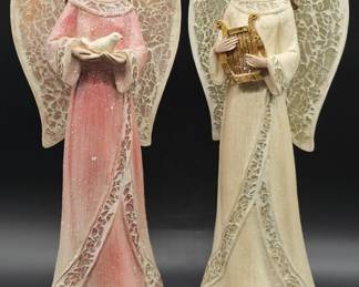 Pair Resin 15in Musical Angels Figurines w/ Timer