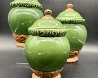 (3) Green Ceramic Florentine Canister Set