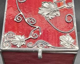 Red Glass Trinket Box w/ Silver Metal Overlay
