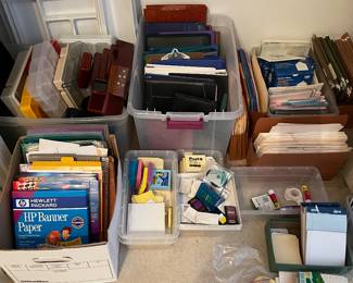 Office supplies galore! Binders, portfolios, labels, folder sleeves, tabbed dividers.  Post-it notes of various sizes, sticky tabs.  Drawer dividers, desk accessories, reinforcements, small paper tablets, manilla folders, hanging file folders.