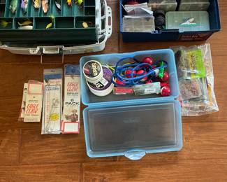 2 tackle boxes, bobbers, weights, hooks, fishing line, lures, assorted rubber bait in bags