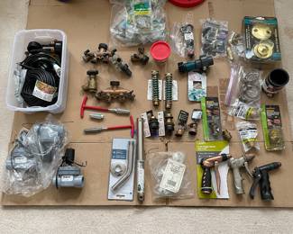 hose nozzles, outdoor plumbing parts, irrigation parts, toilet snakes, steel tape, drain strainer wrench