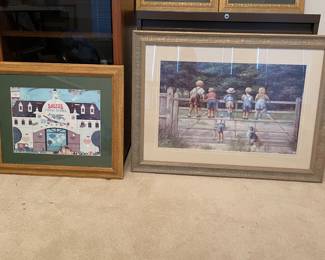 Rabbits and birds on top of cabinet.  Folk art scene, and kids on a bridge.