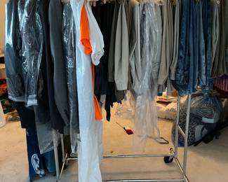 Men's long winter coat, suits and suit jackets, dress pants, casual slacks, blue jeans.