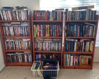 More books and movies, Lee Childs book collection, lots of science fiction. Textbooks on psychology, marketing, and other topics.  SAT flash cards and review/practice book.  Book shelves also for sale