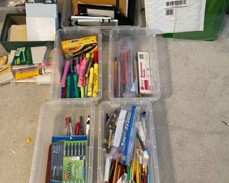 Pens, pencils, mechanical pencils, ball point pens, colored pencils, markers and highlighters.