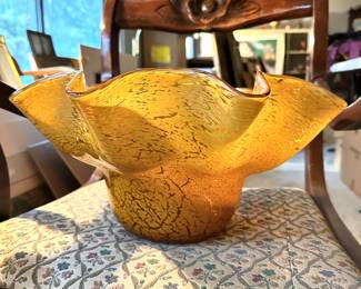 Vetri Artistic Blown Amber Glass Bowl with Ruffled Edge - Made in Italy