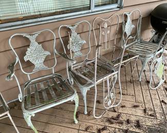 Set of 4 White Iron Chairs with Fruit Basket Design