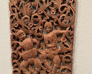 Teak Carved Plaque of 2 Thai Dancers Incased in Flowers 