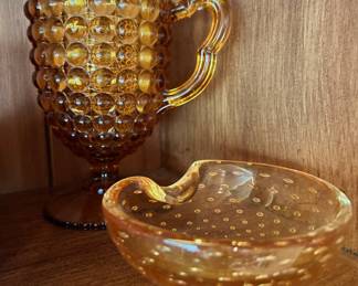 Richard & Harley Amber Pitcher with 1000 Eye Pattern, Honey Bubble Glass Ashtray