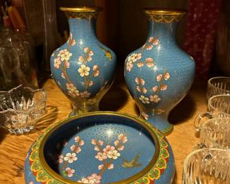 3 Piece Cloisonné Blue & Multicolored with Chinese Cherry Blossom Design - Two Vases, One Bowl