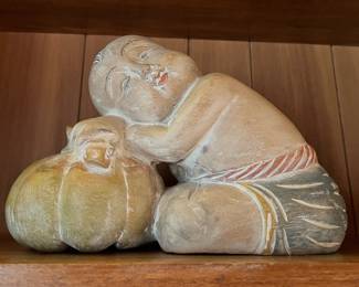 Pair of Asian Carved Wood Sculptures of Sleeping Good Luck Children 