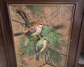 Framed & Matted Tropical Songbirds Oil Painting on Leaves by Mattree