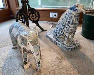 Blue/White Ceramic Mosaic Eagle Statue, Blue/White Ceramic Mosaic Elephant Statue