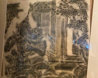  Framed& Matted Tibetan Temple Black Rubbing on Rice Paper