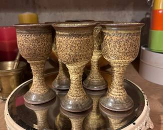 Set of 5 Brown Stoneware Pottery Goblets
