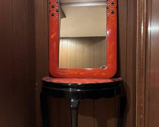 Orange/Black Lacquered Rounded Rectangle Mirror with Matching Demilune and Pedestal Table - Made in Macau 