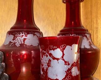 Pair of Ruby Red Glass Decanters and Drinking Glass with Vine Design