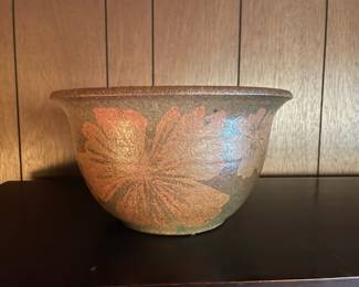 Brown Pottery Bowl with Floral Design