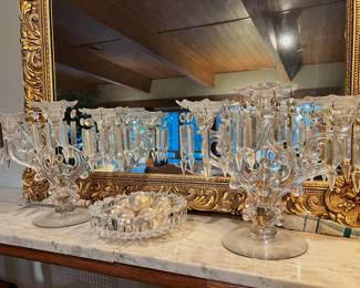 Two Crystal Glass 3 Arm Candelabras