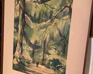 Framed & Matted Watercolor of Couple Walking Through Tree Lined Path - Signed by J. Wongsamguam