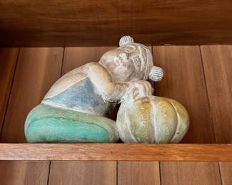 Pair of Asian Carved Wood Sculptures of Sleeping Good Luck Children 