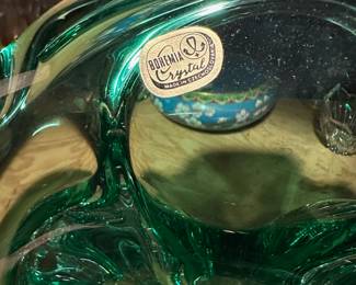 Green/Clear Bohemia Czechoslovakia Crystal Glass Vase