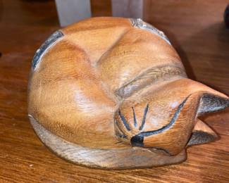 Hand Carved Wooden Sleeping Cat Figurine