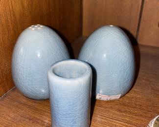 Blue Crackled Ceramic Egg Salt & Pepper Shakers and Shot Glass