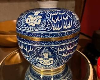 Assortment  Porcelain Chinoiserie Lidded Pots with Brass Rim