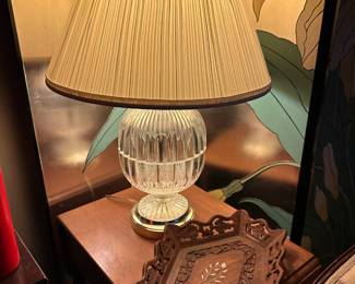 Brass and Rounded Crystal Table Lamp, Indian Carved Inlaid Wooden Fruit Bowl