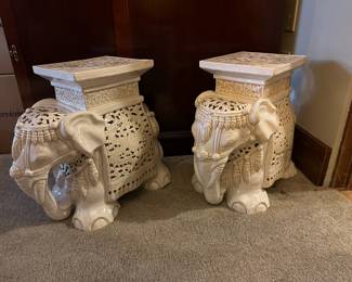Pair of Mid Century Cream Ceramic Elephant Side Tables/Stools
