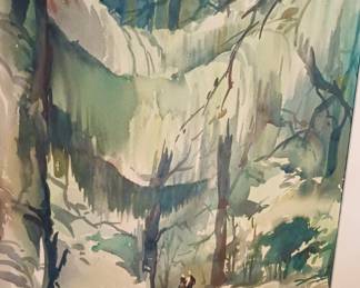 Framed & Matted Watercolor of Couple Walking Through Tree Lined Path - Signed by J. Wongsamguam