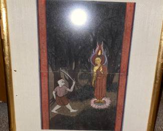 Framed & Matted Thai Print of Angulimala and Buddha